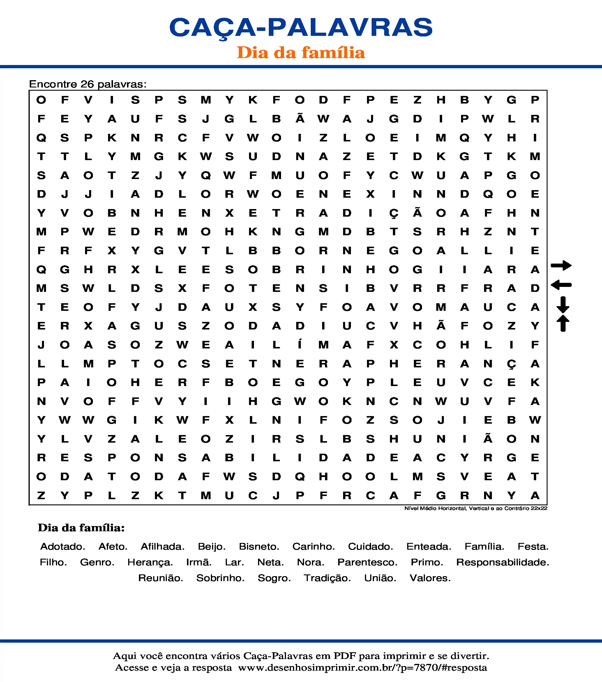 Caça Palavras Nível Médio Horizontal, Vertical e ao Contrário 22x22