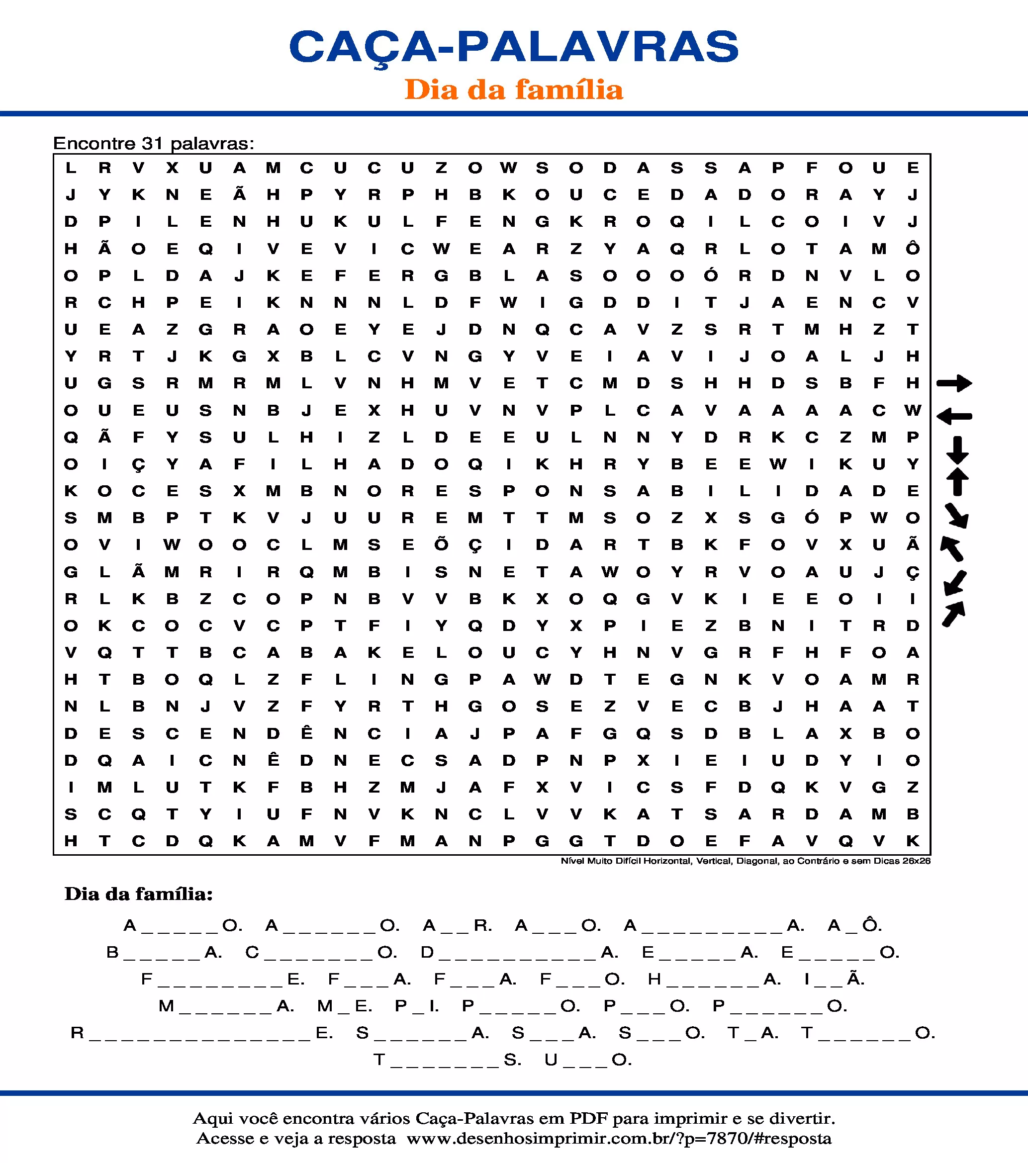 Caça Palavras Nível Muito Difícil Horizontal, Vertical, Diagonal, ao Contrário e sem Dicas 26x26