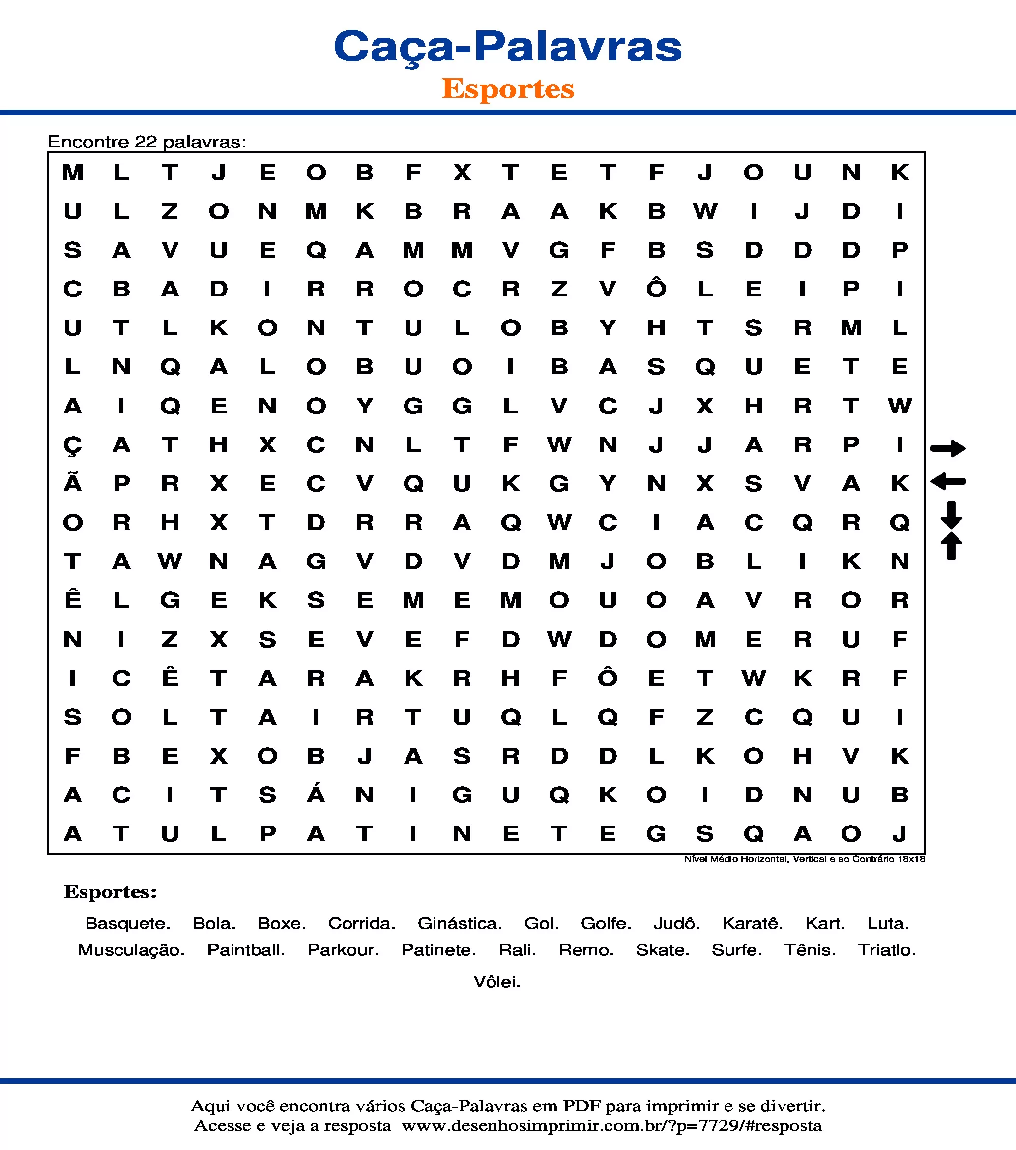 Caça Palavras Nível Médio Horizontal, Vertical e ao Contrário 18x18