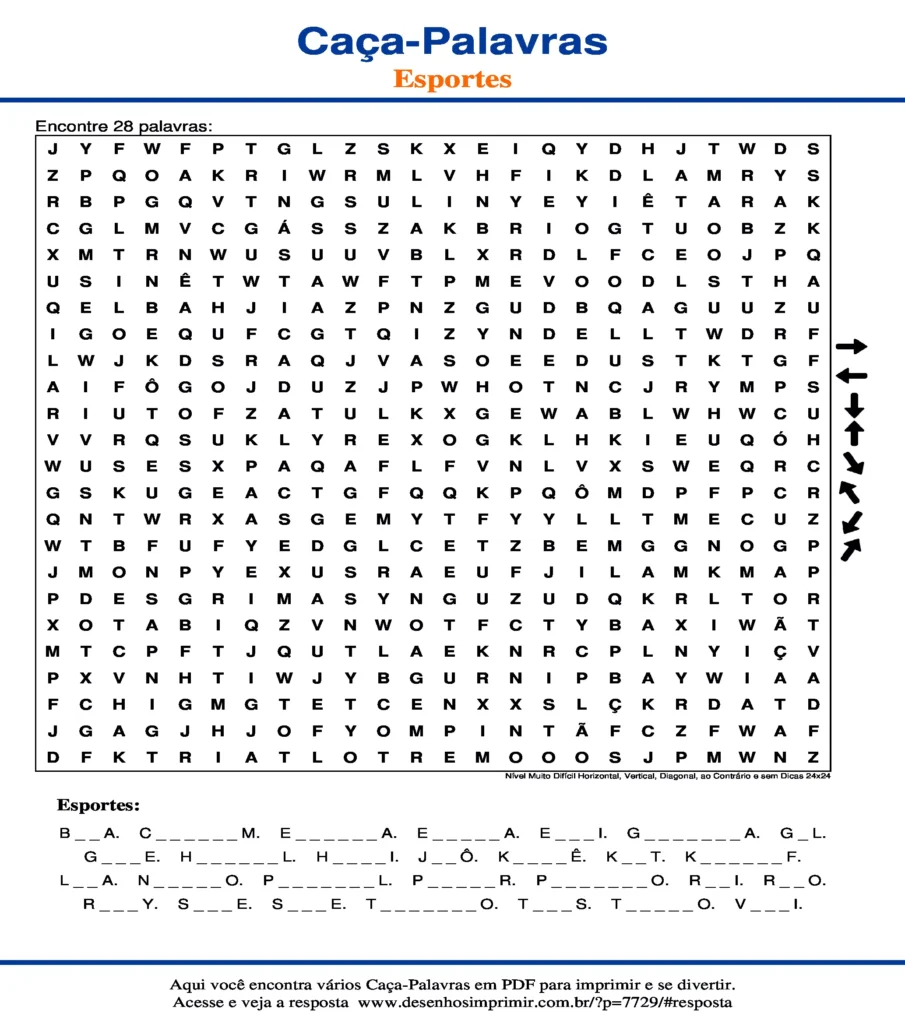 Esportes Nível Muito Difícil Horizontal, Vertical, Diagonal, ao Contrário e sem Dicas 24x24 caça palavras Caça Palavras Esportes Nível Muito Difícil Horizontal, Vertical, Diagonal, ao Contrário e sem Dicas 24x24 para imprimir