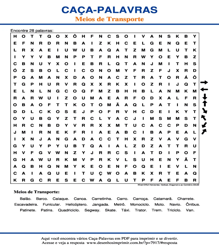 Meios de Transporte Nível Difícil Horizontal, Vertical, Diagonal e ao Contrário 22x22 caça palavras Caça Palavras dos Meios de Transporte Nível Difícil Horizontal, Vertical, Diagonal e ao Contrário 22x22