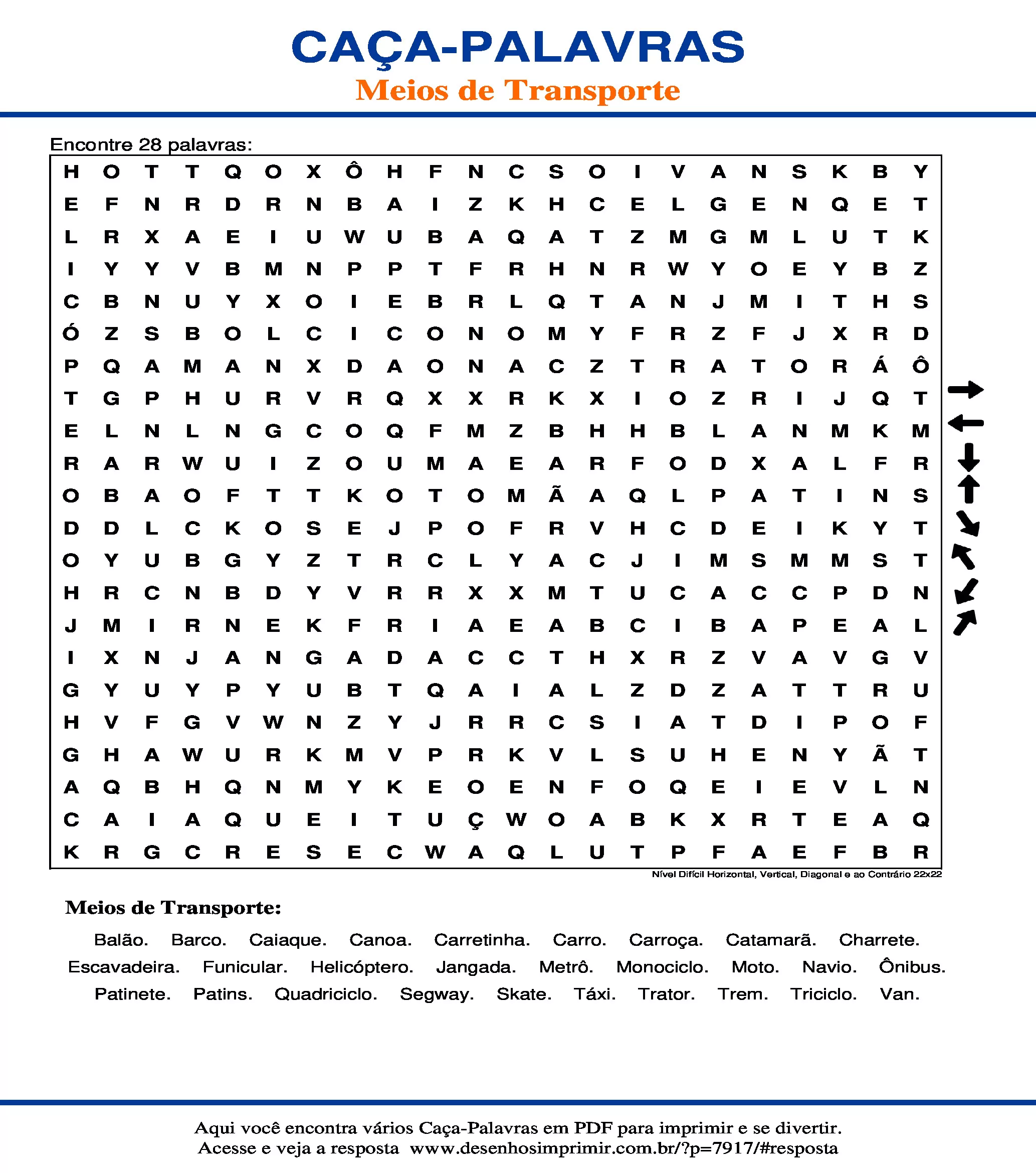 Caça Palavras dos Meios de Transporte - Desenhos Imprimir