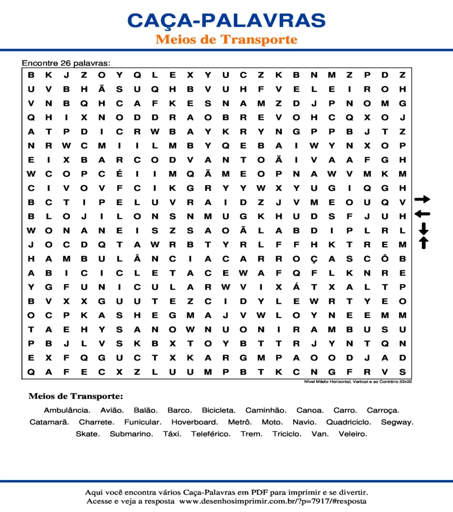 Meios de Transporte Nível Médio Horizontal, Vertical e ao Contrário 22x22 caça palavras Caça Palavras dos Meios de Transporte Nível Médio Horizontal, Vertical e ao Contrário 22x22