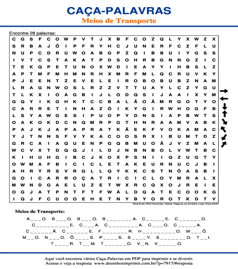 Meios de Transporte Nível Muito Difícil Horizontal, Vertical, Diagonal, ao Contrário e sem Dicas 24x24 caça palavras Caça Palavras dos Meios de Transporte Nível Muito Difícil Horizontal, Vertical, Diagonal, ao Contrário e sem Dicas 24x24