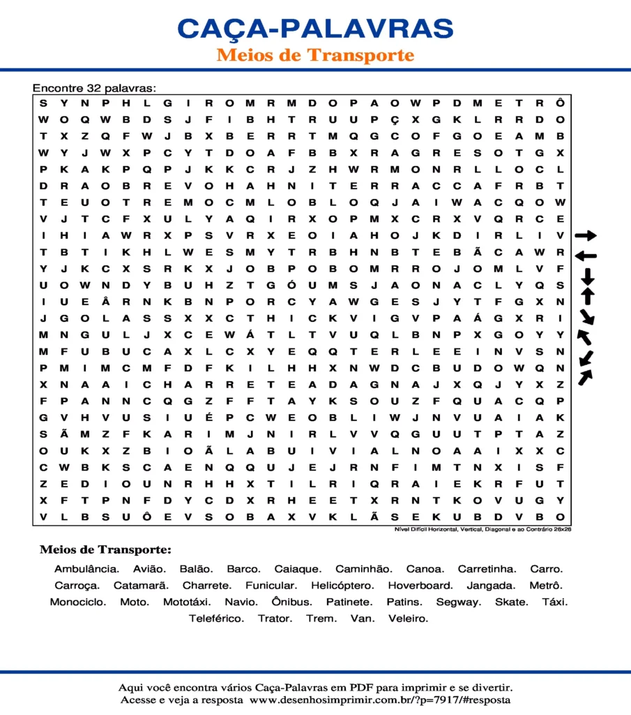 Meios de Transporte Nível Difícil Horizontal, Vertical, Diagonal e ao Contrário 26x26 caça palavras Caça Palavras dos Meios de Transporte Nível Difícil Horizontal, Vertical, Diagonal e ao Contrário 26x26