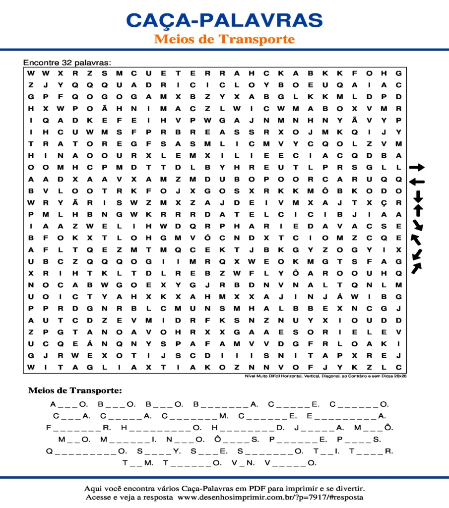 Meios de Transporte Nível Muito Difícil Horizontal, Vertical, Diagonal, ao Contrário e sem Dicas 26x26 caça palavras Caça Palavras dos Meios de Transporte Nível Muito Difícil Horizontal, Vertical, Diagonal, ao Contrário e sem Dicas 26x26