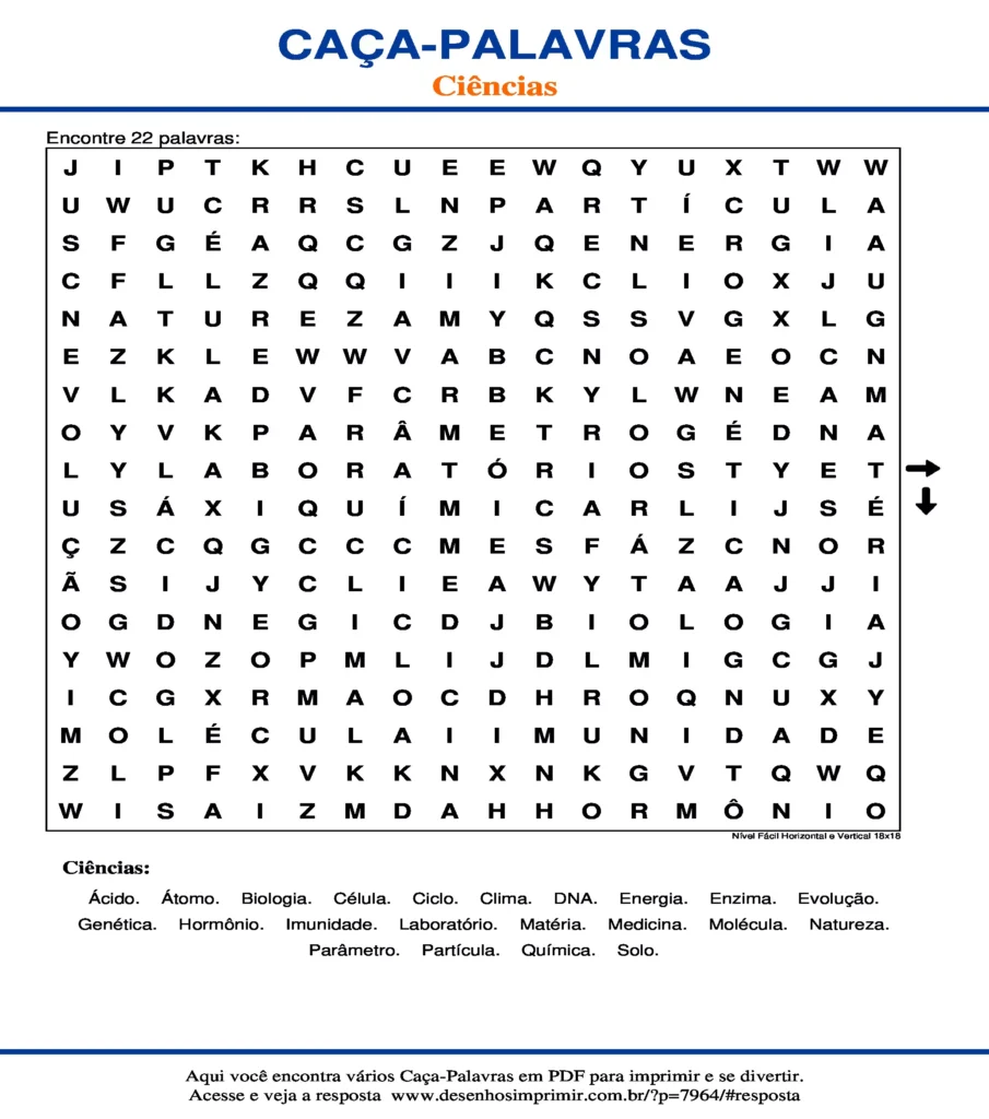 Ciências para ano do Ensino Fundamental Nível Fácil Horizontal e Vertical 18x18 caça palavras Caça Palavras Ciências para ano do Ensino Fundamental Nível Fácil Horizontal e Vertical 18x18