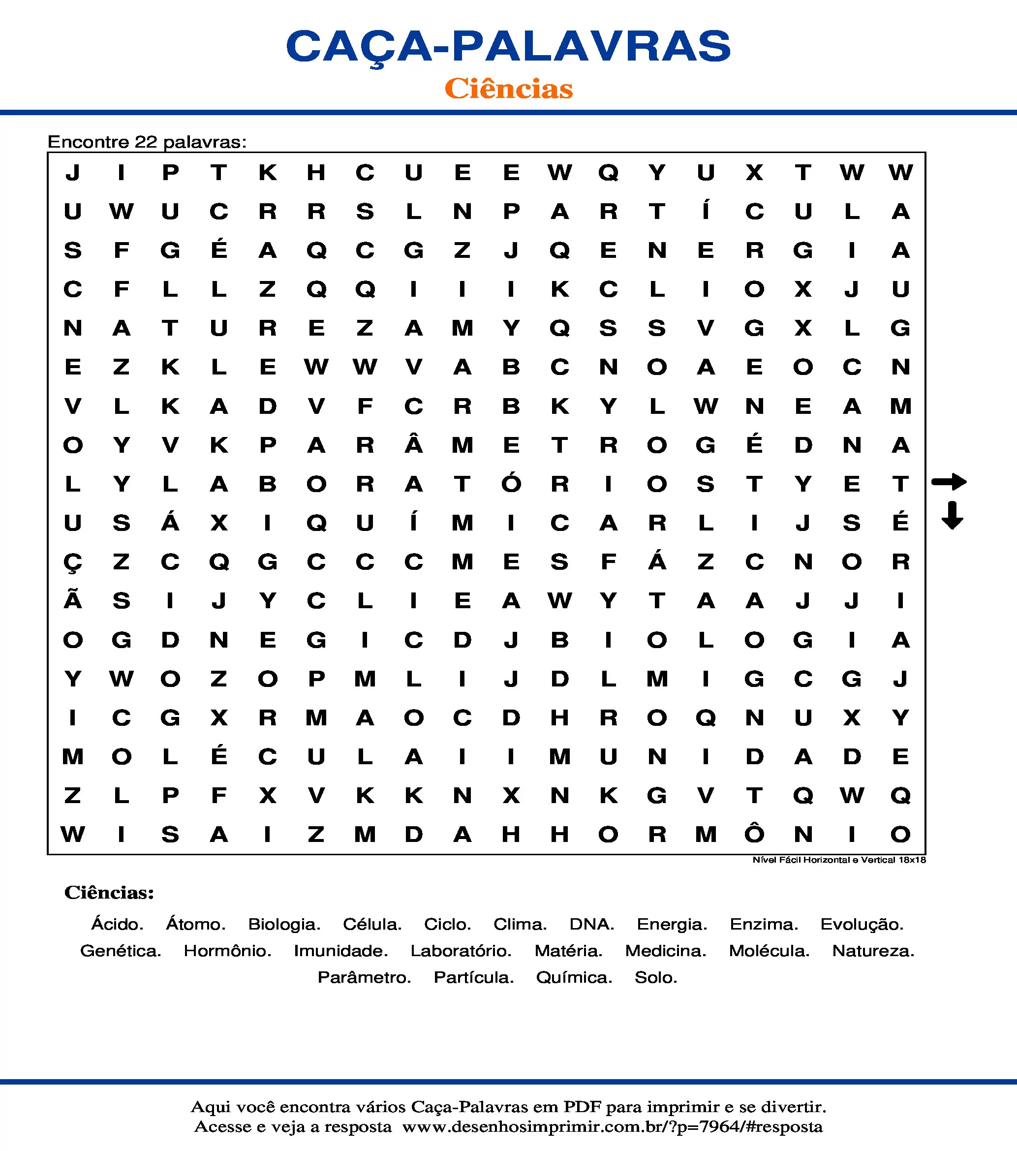 Caça Palavras Nível Fácil Horizontal e Vertical 18x18