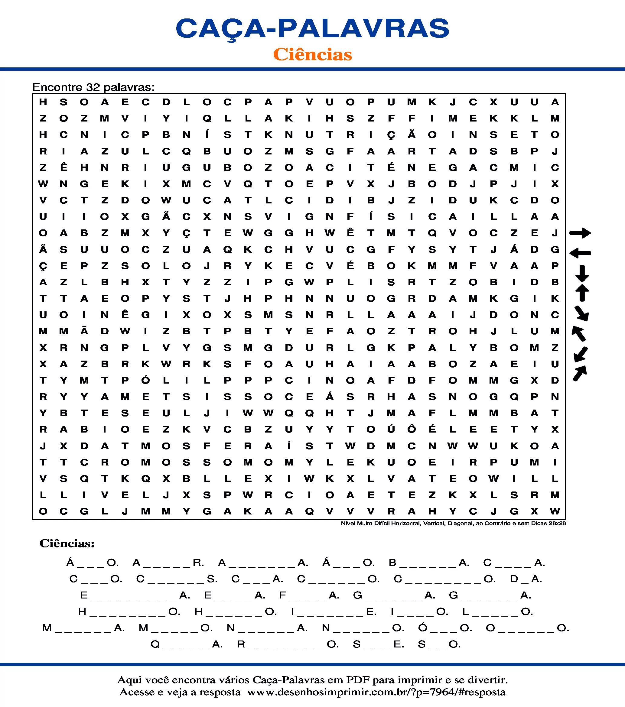 Caça Palavras Nível Muito Difícil Horizontal, Vertical, Diagonal, ao Contrário e sem Dicas 26x26