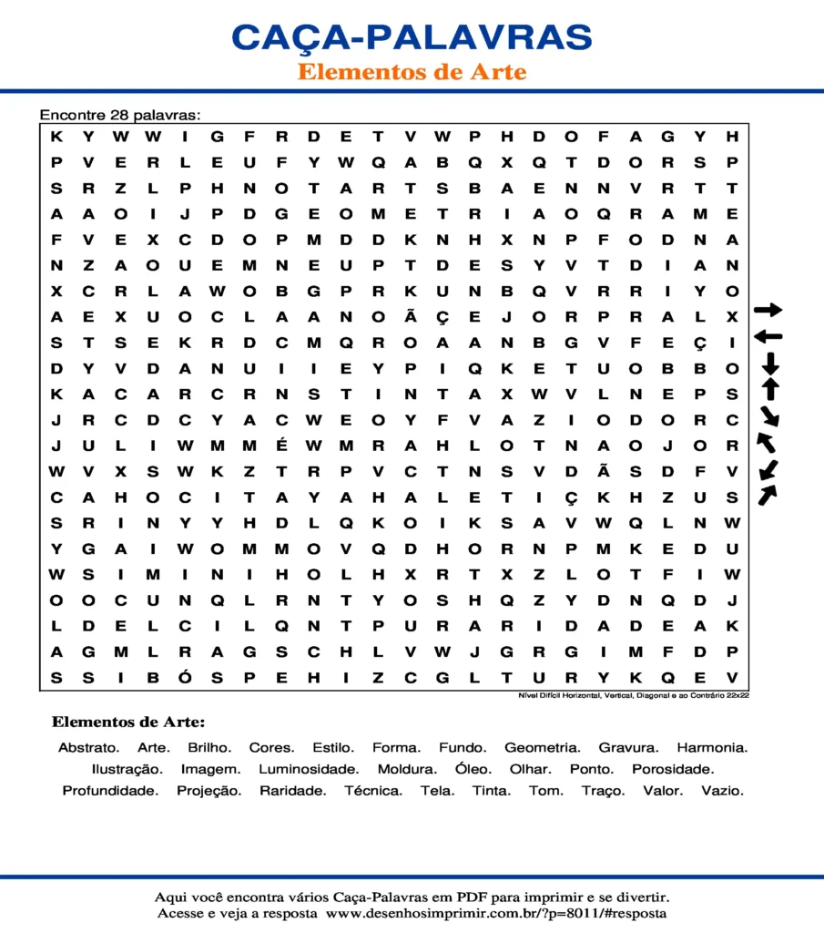 Elementos de Arte Nível Difícil Horizontal, Vertical, Diagonal e ao Contrário 22x22 caça palavras Caça Palavras Elementos de Arte Nível Difícil Horizontal, Vertical, Diagonal e ao Contrário 22x22