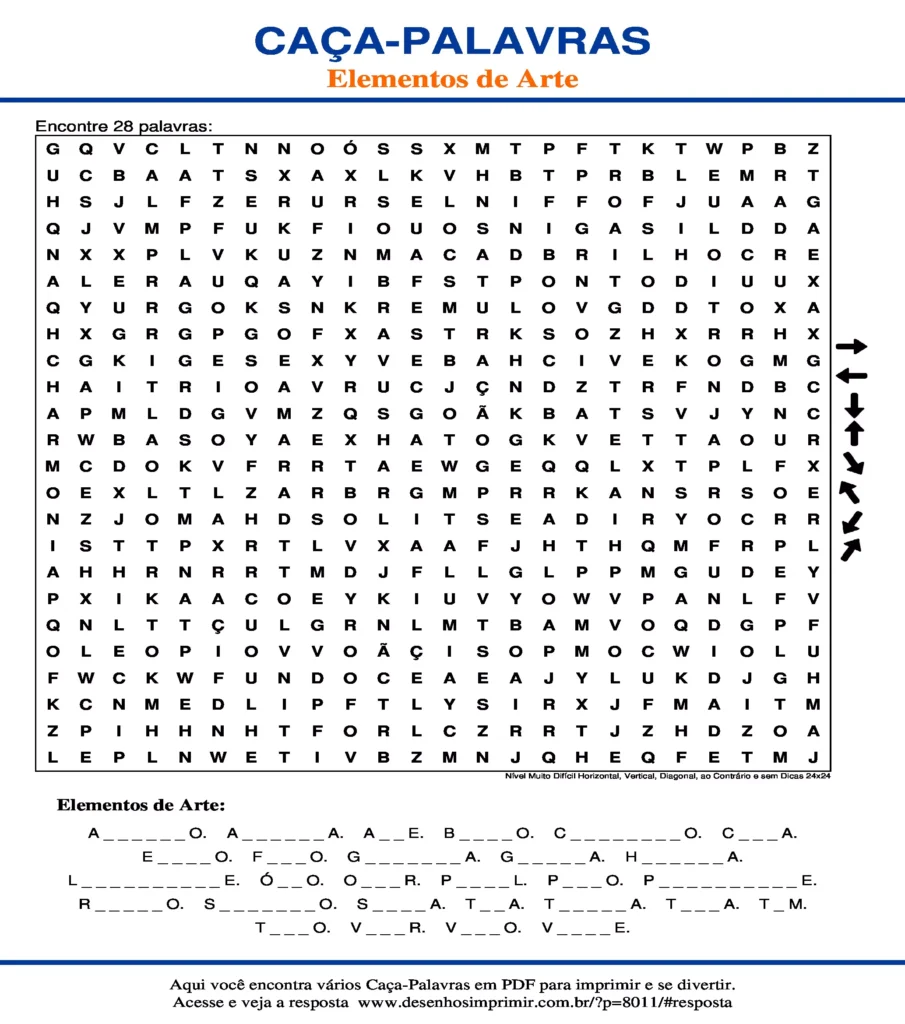 Elementos de Arte Nível Muito Difícil Horizontal, Vertical, Diagonal, ao Contrário e sem Dicas 24x24 caça palavras Caça Palavras Elementos de Arte Nível Muito Difícil Horizontal, Vertical, Diagonal, ao Contrário e sem Dicas 24x24