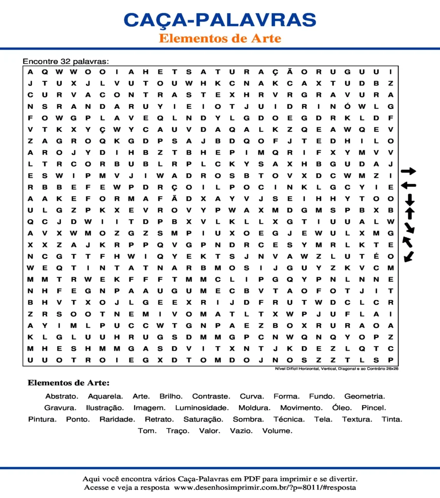 Elementos de Arte Nível Difícil Horizontal, Vertical, Diagonal e ao Contrário 26x26 caça palavras Caça Palavras Elementos de Arte Nível Difícil Horizontal, Vertical, Diagonal e ao Contrário 26x26