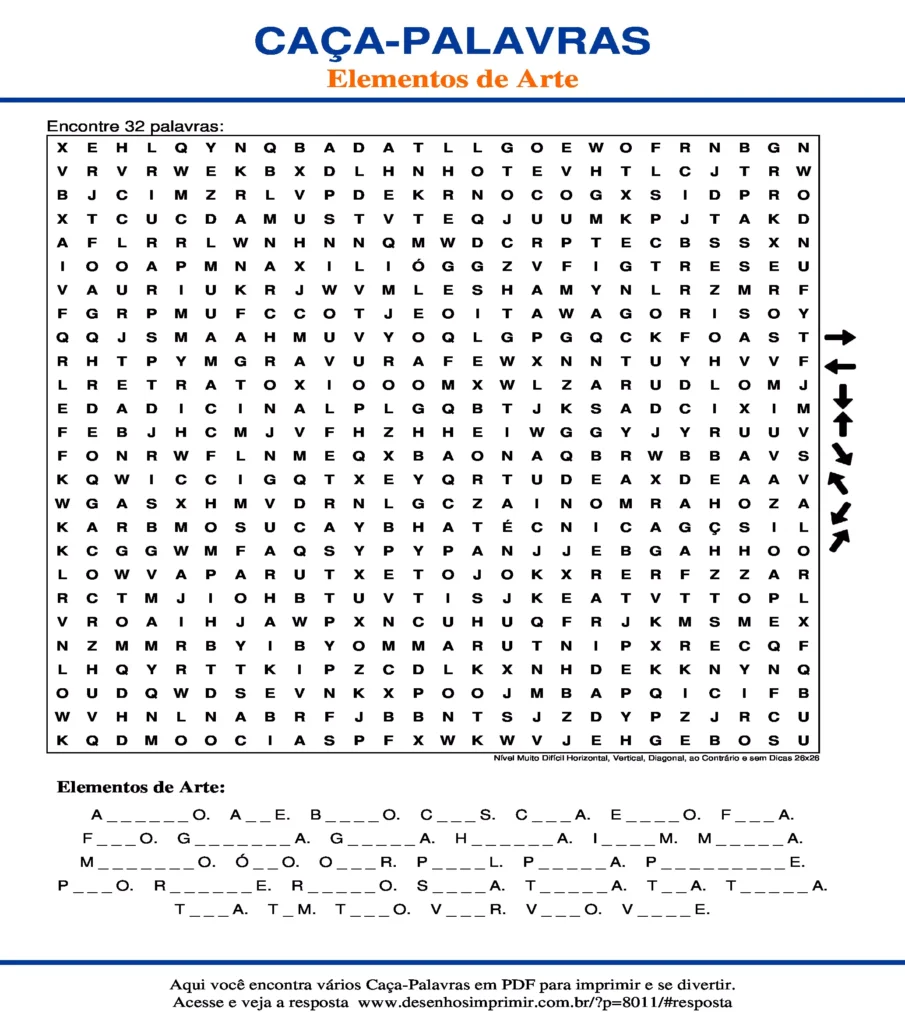 Elementos de Arte Nível Muito Difícil Horizontal, Vertical, Diagonal, ao Contrário e sem Dicas 26x26 caça palavras Caça Palavras Elementos de Arte Nível Muito Difícil Horizontal, Vertical, Diagonal, ao Contrário e sem Dicas 26x26