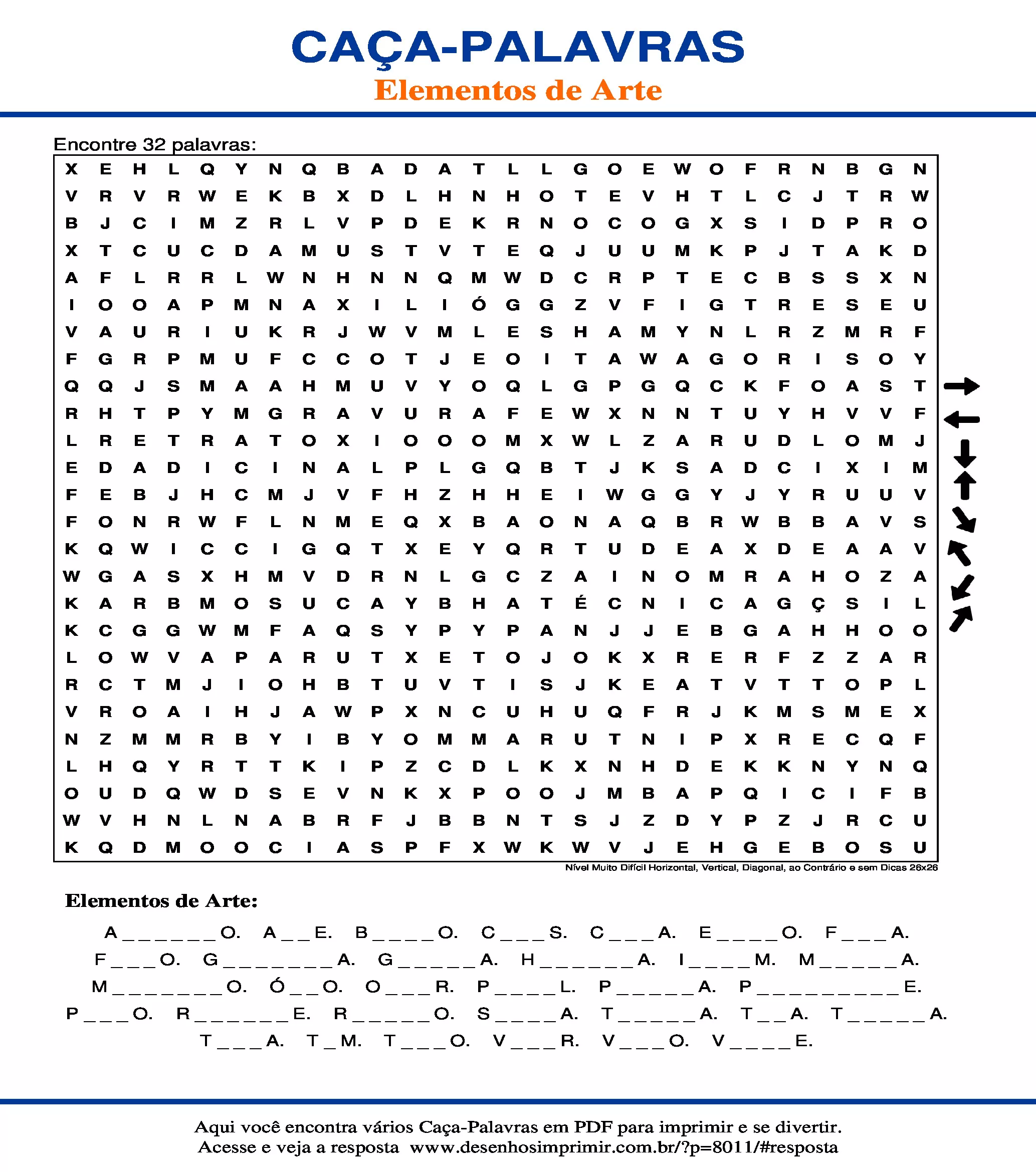 Caça Palavras Nível Muito Difícil Horizontal, Vertical, Diagonal, ao Contrário e sem Dicas 26x26