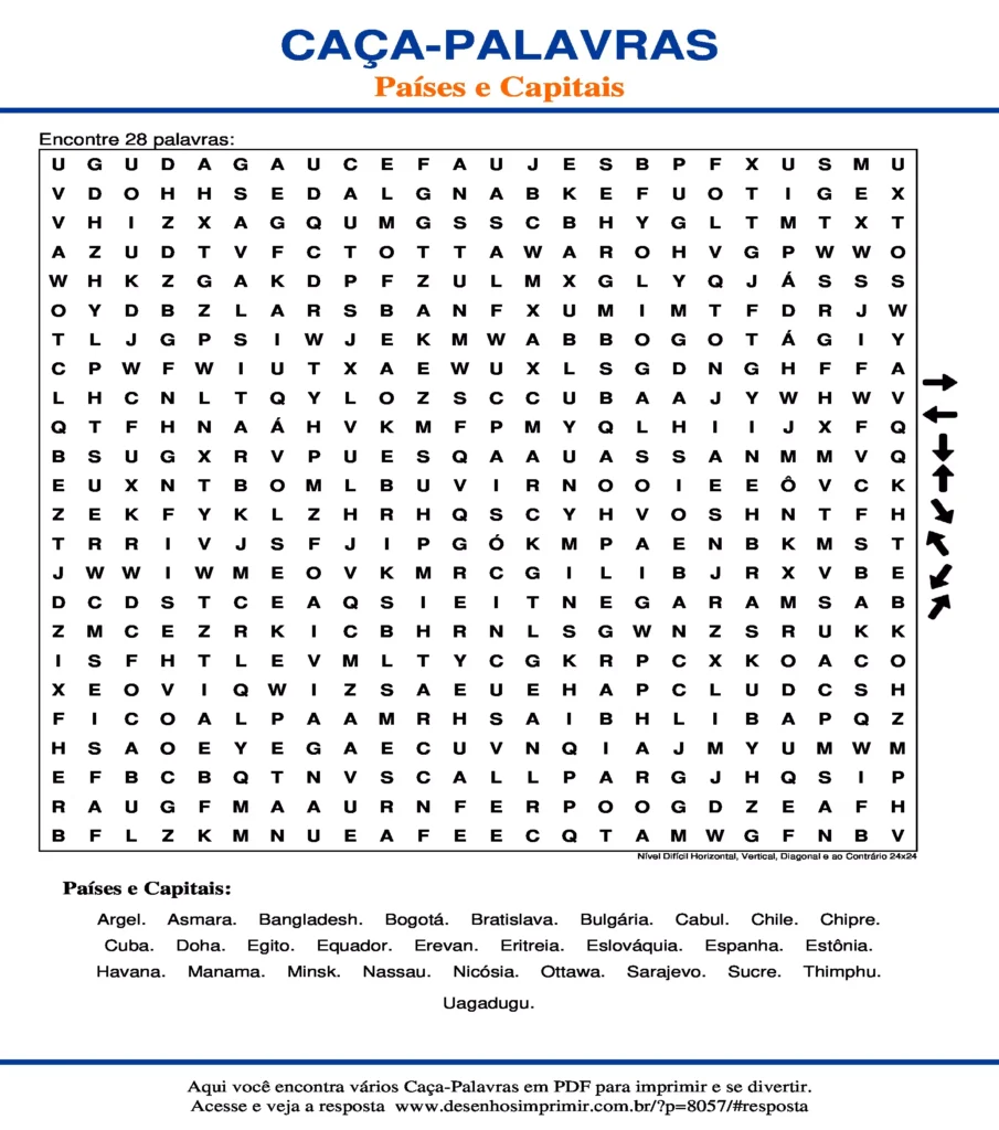 Países e Capitais Nível Difícil Horizontal, Vertical, Diagonal ao Contrário 24x24 caça palavras Caça Palavras Países e Capitais Nível Difícil Horizontal, Vertical, Diagonal ao Contrário 24x24 para imprimir