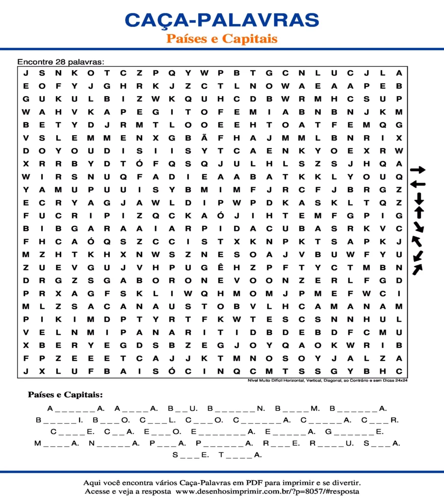 Países e Capitais Nível Muito Difícil Horizontal, Vertical, Diagonal, ao Contrário sem Dicas 24x24 caça palavras Caça Palavras Países e Capitais Nível Muito Difícil Horizontal, Vertical, Diagonal, ao Contrário sem Dicas 24x24 para imprimir
