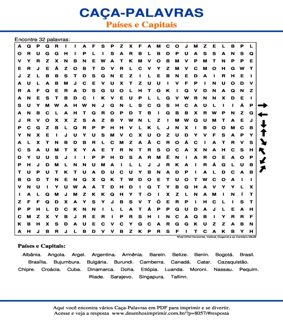 Países e Capitais Nível Difícil Horizontal, Vertical, Diagonal ao Contrário 26x26 caça palavras Caça Palavras Países e Capitais Nível Difícil Horizontal, Vertical, Diagonal ao Contrário 26x26 para imprimir