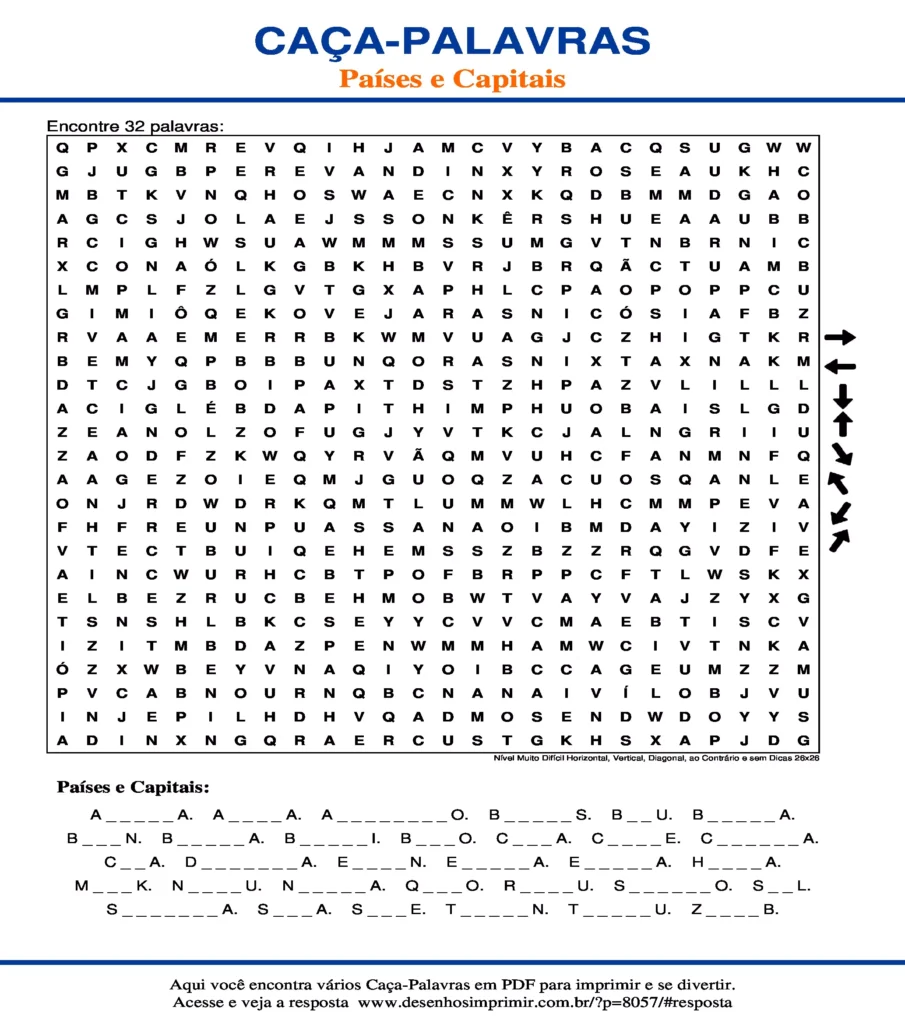 Países e Capitais Nível Muito Difícil Horizontal, Vertical, Diagonal, ao Contrário sem Dicas 26x26 caça palavras Caça Palavras Países e Capitais Nível Muito Difícil Horizontal, Vertical, Diagonal, ao Contrário sem Dicas 26x26 para imprimir