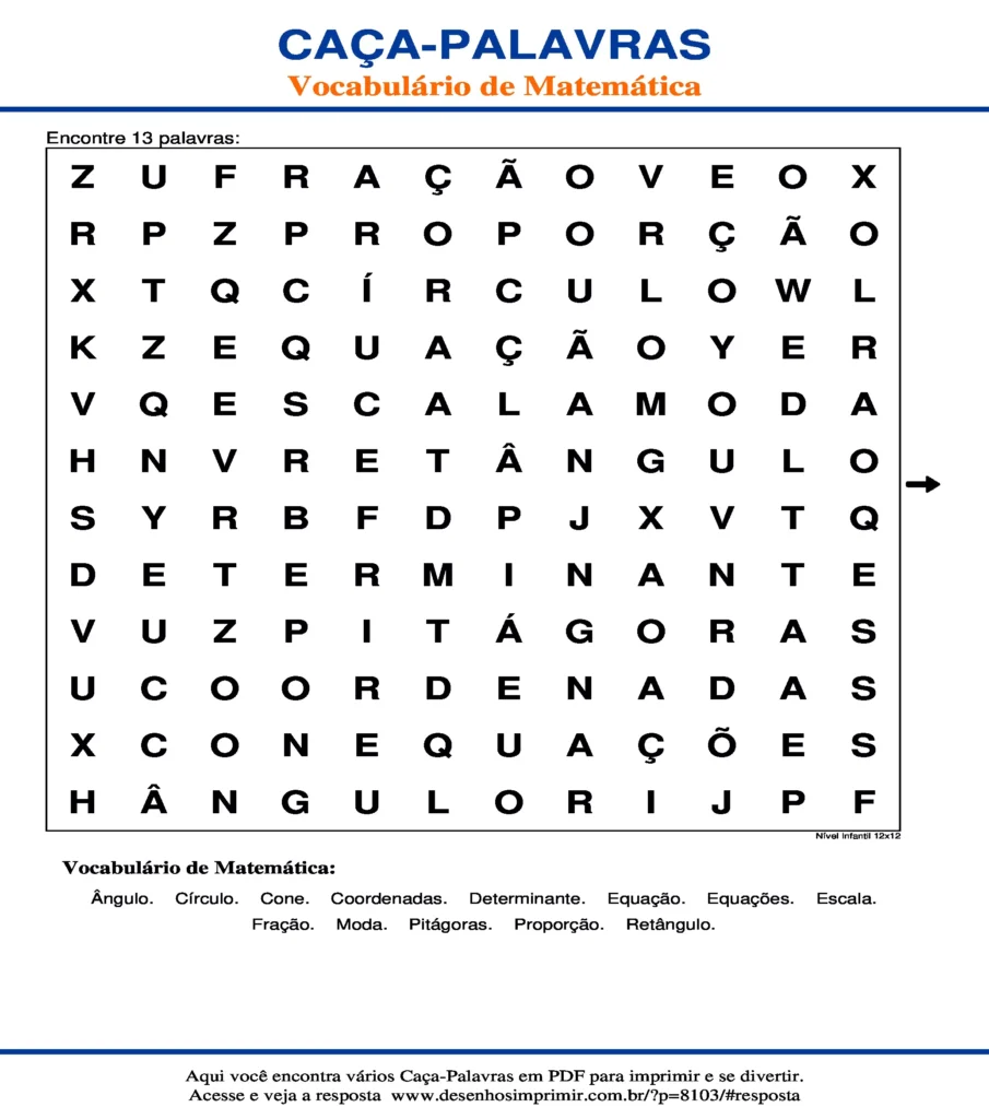 Vocabulário de Matemática Nível Infantil 12x12 caça palavras Caça Palavras Vocabulário de Matemática Nível Infantil 12x12