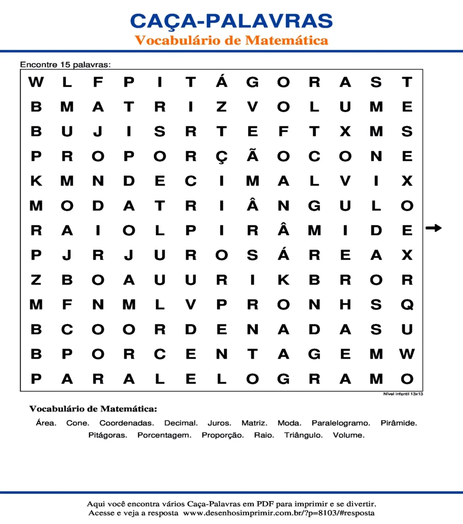 Vocabulário de Matemática Nível Infantil 13x13 caça palavras Caça Palavras Vocabulário de Matemática Nível Infantil 13x13