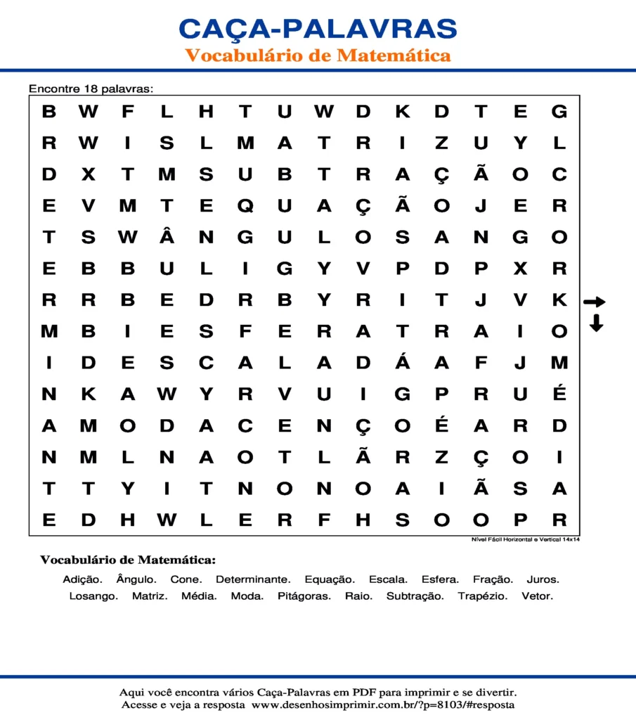 Vocabulário de Matemática Nível Fácil Horizontal e Vertical 14x14 caça palavras Caça Palavras Vocabulário de Matemática Nível Fácil Horizontal e Vertical 14x14