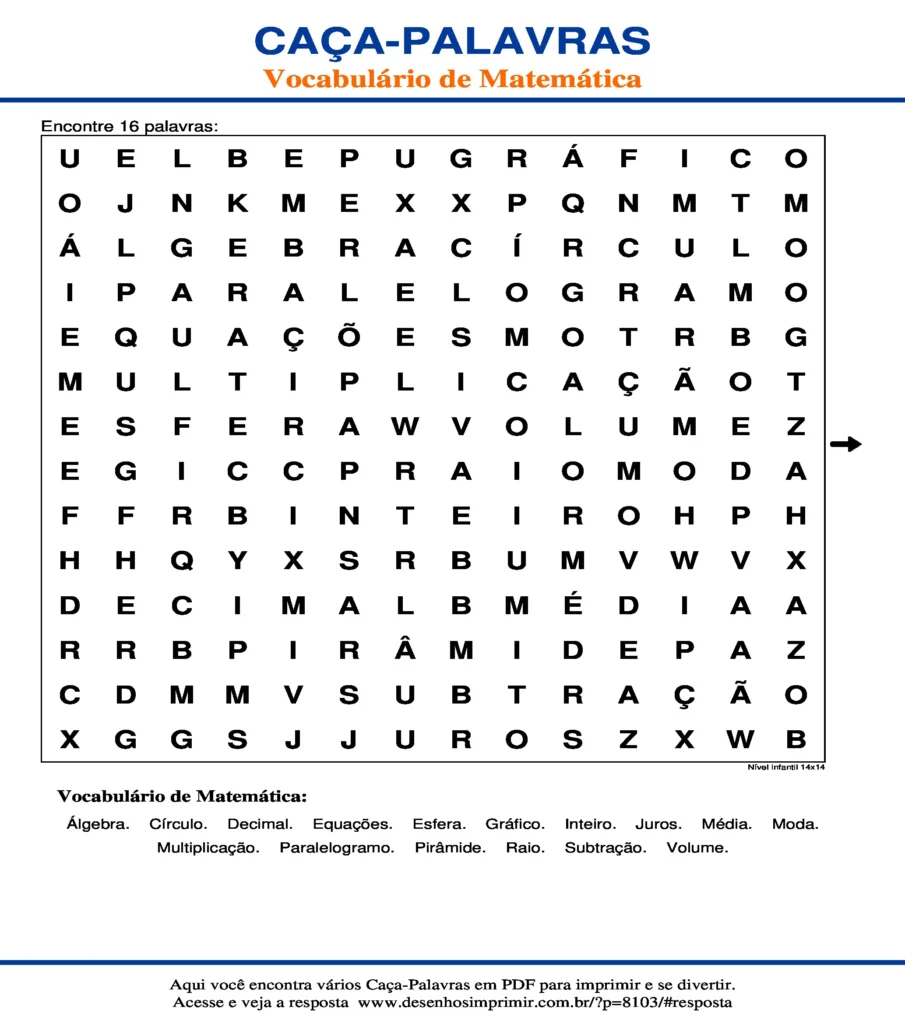Vocabulário de Matemática Nível Infantil 14x14 caça palavras Caça Palavras Vocabulário de Matemática Nível Infantil 14x14
