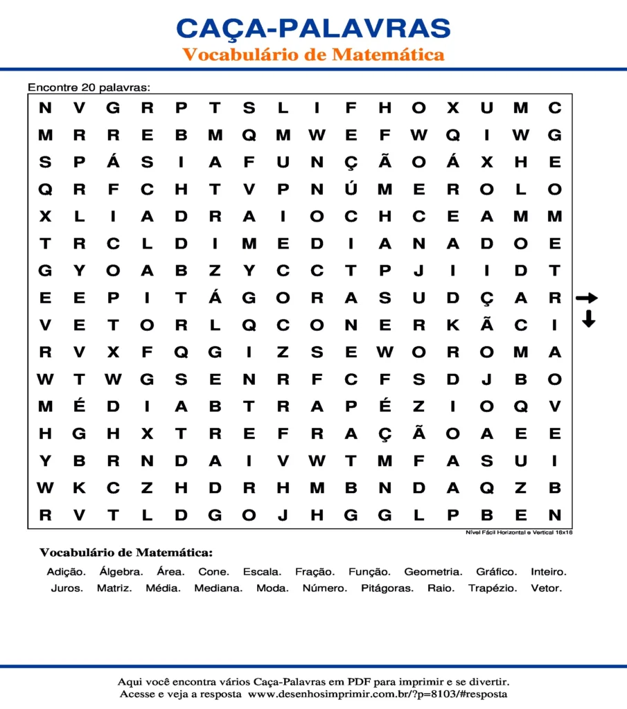 Vocabulário de Matemática Nível Fácil Horizontal e Vertical 16x16 caça palavras Caça Palavras Vocabulário de Matemática Nível Fácil Horizontal e Vertical 16x16