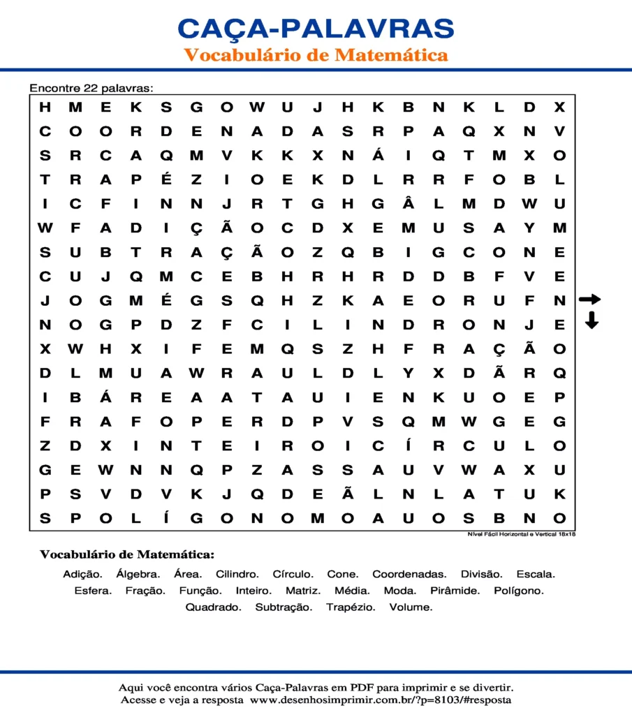 Vocabulário de Matemática Nível Fácil Horizontal e Vertical 18x18 caça palavras Caça Palavras Vocabulário de Matemática Nível Fácil Horizontal e Vertical 18x18