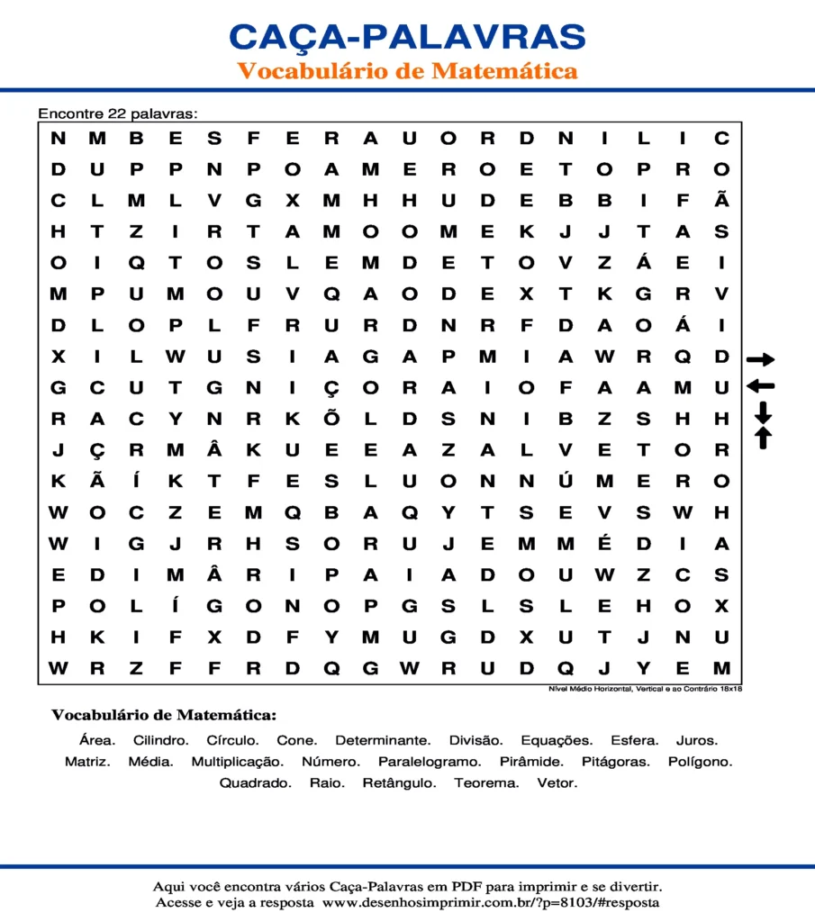 Vocabulário de Matemática Nível Médio Horizontal, Vertical e ao Contrário 18x18 caça palavras Caça Palavras Vocabulário de Matemática Nível Médio Horizontal, Vertical e ao Contrário 18x18
