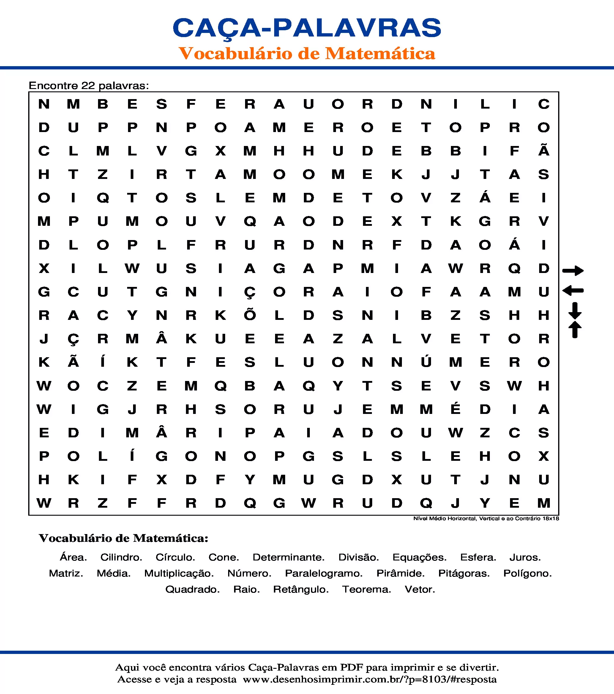 Caça Palavras Nível Médio Horizontal, Vertical e ao Contrário 18x18