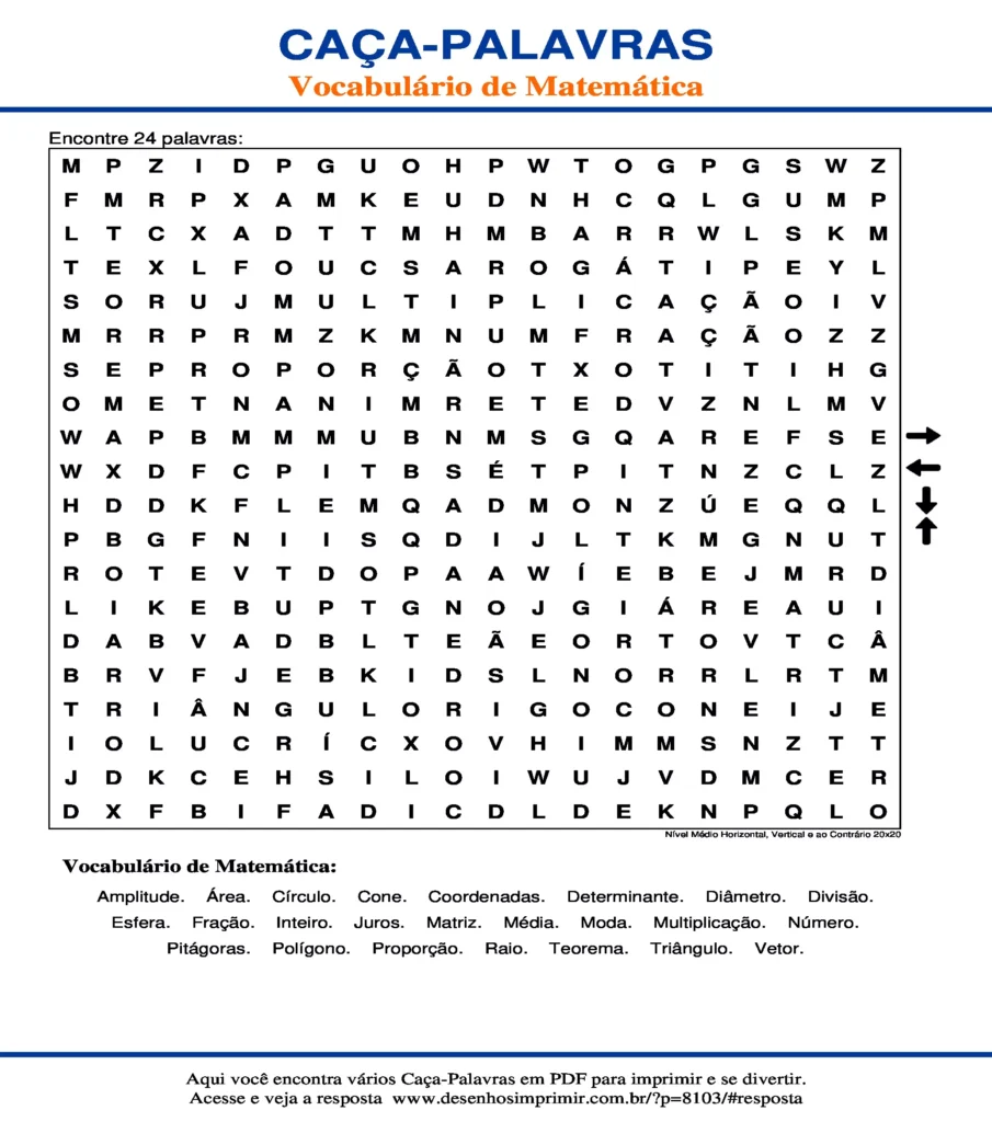 Vocabulário de Matemática Nível Médio Horizontal, Vertical e ao Contrário 20x20 caça palavras Caça Palavras Vocabulário de Matemática Nível Médio Horizontal, Vertical e ao Contrário 20x20
