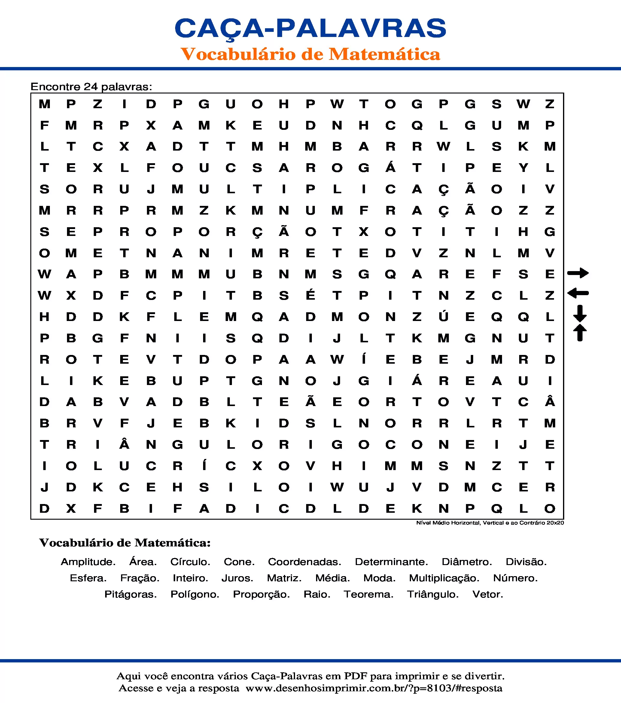 Caça Palavras Nível Médio Horizontal, Vertical e ao Contrário 20x20