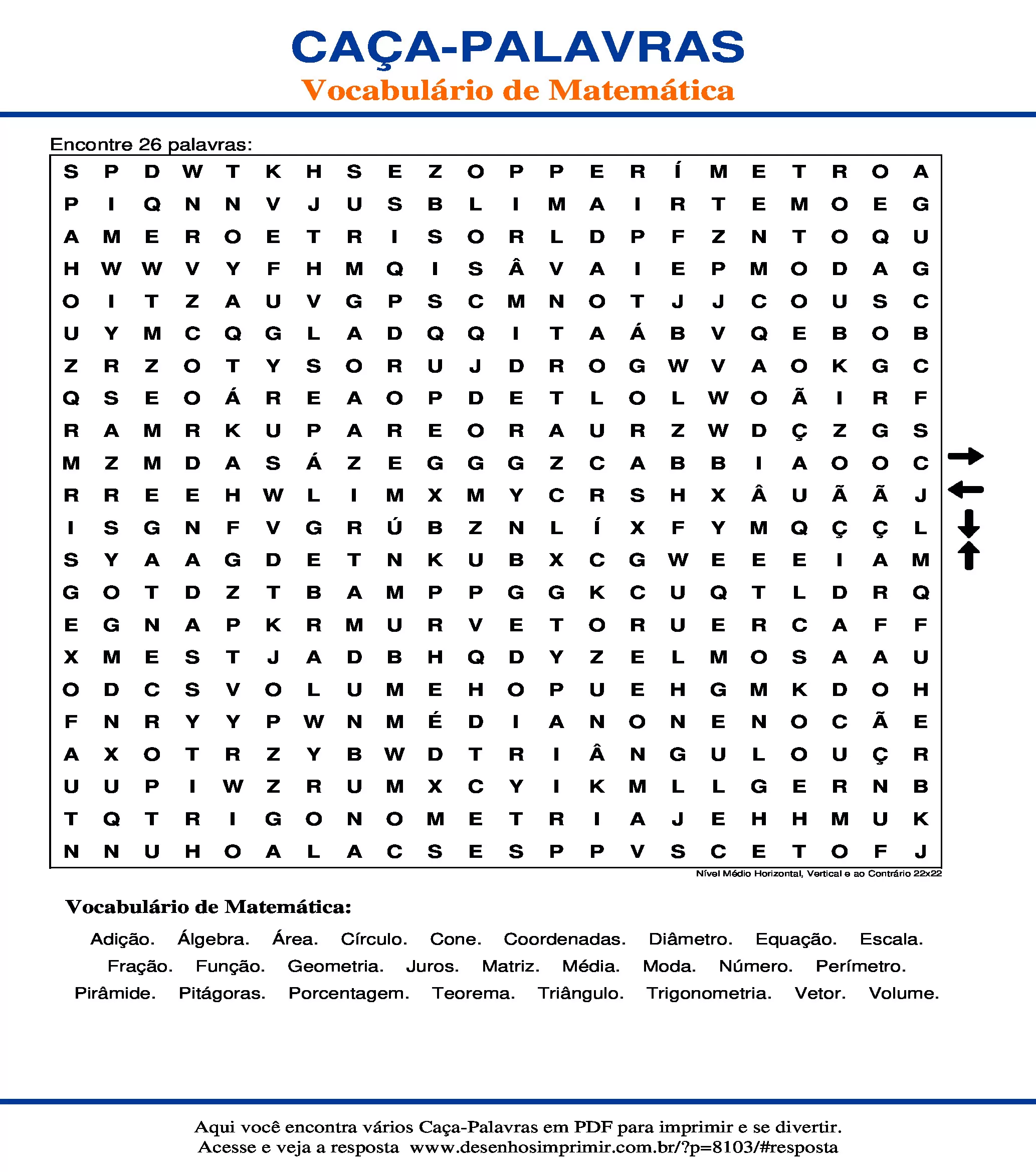 Caça Palavras Nível Médio Horizontal, Vertical e ao Contrário 22x22