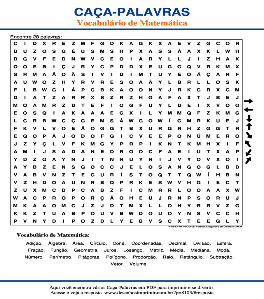 Vocabulário de Matemática Nível Difícil Horizontal, Vertical, Diagonal e ao Contrário 24x24 caça palavras Caça Palavras Vocabulário de Matemática Nível Difícil Horizontal, Vertical, Diagonal e ao Contrário 24x24