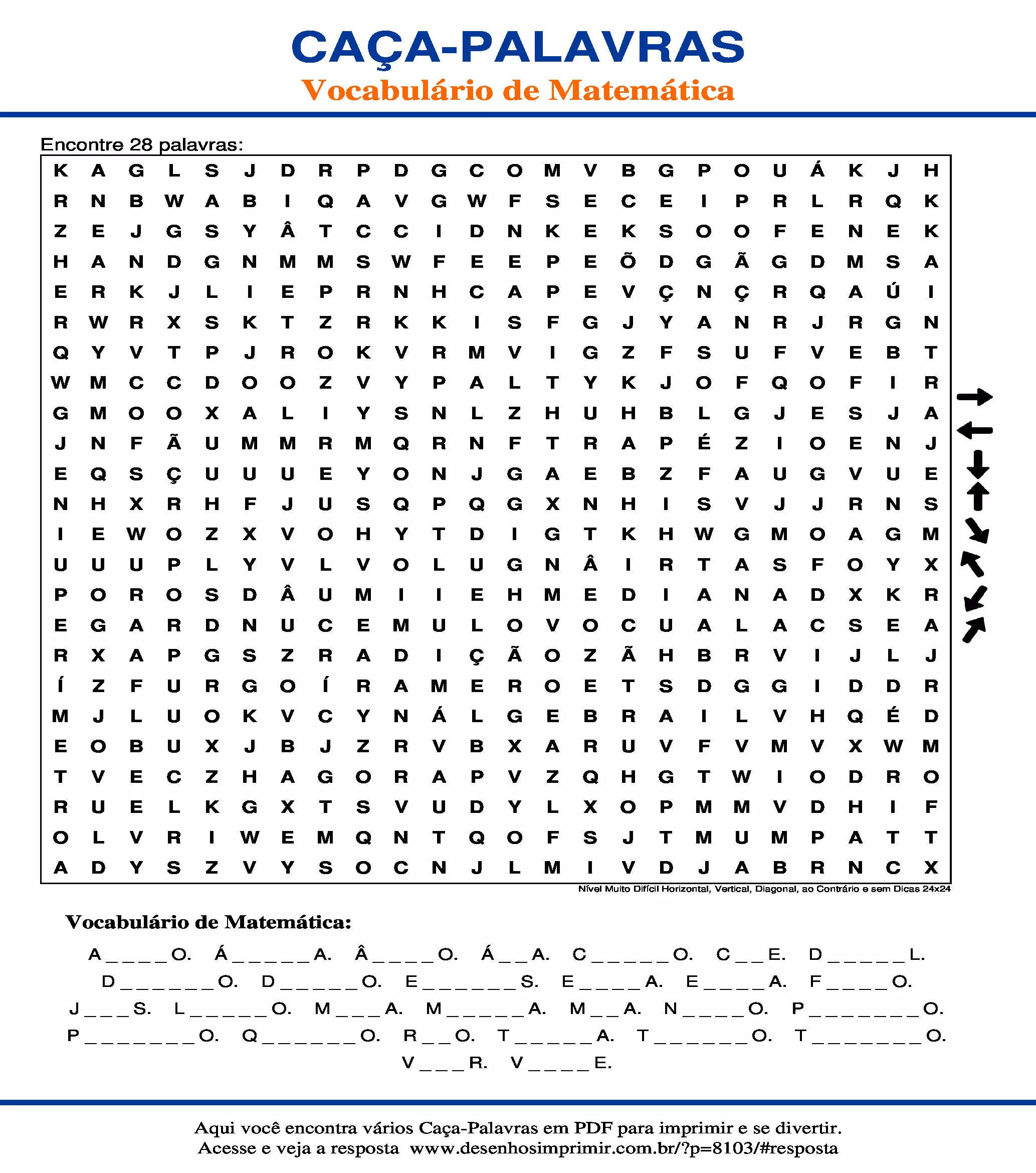 Caça Palavras Nível Muito Difícil Horizontal, Vertical, Diagonal, ao Contrário e sem Dicas 24x24