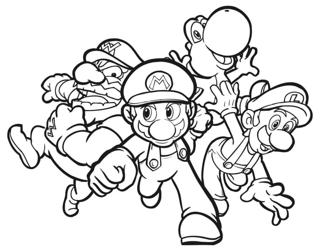 Super Mario, Luigi, Wario e Yoshi em ação: Desenho para colorir