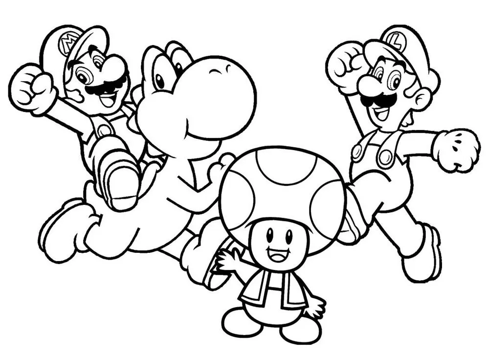 Super Mario e amigos para colorir: Mario, Yoshi, Luigi e Toad em momentos de alegria e aventura.