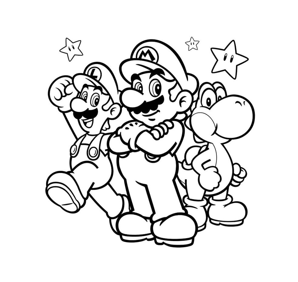Desenhos do Super Mario para colorir. Luigi, Mario e Yoshi