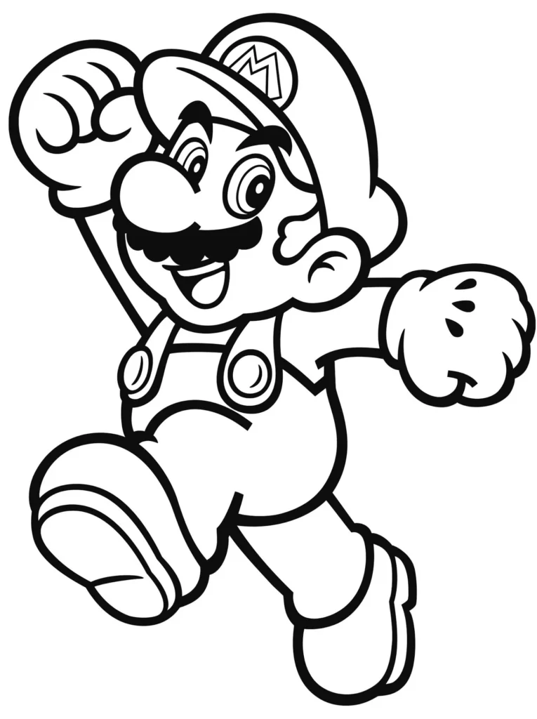 Desenho do Super Mario pronto para colorir. Mario sorrindo, pulando com energia e usando seu macacão e boné icônicos.