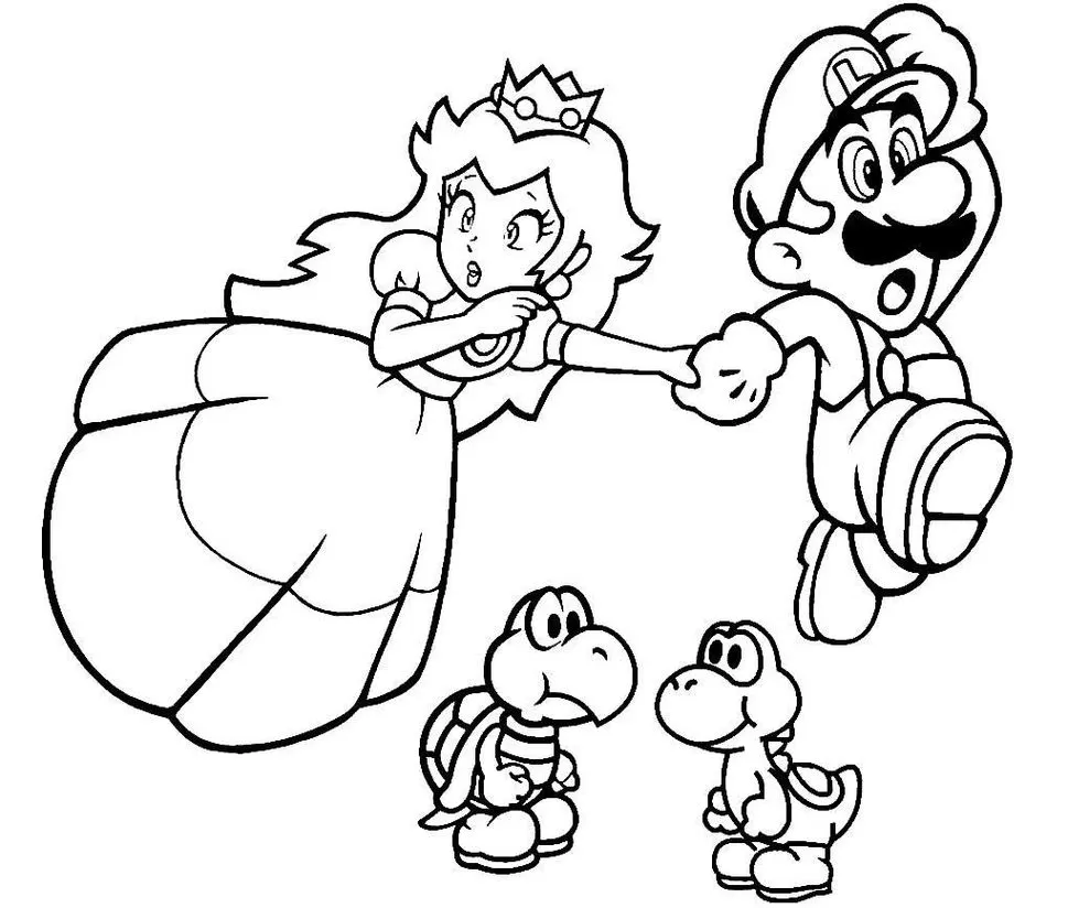 Desenho para colorir com Mario, Princesa Peach, Yoshi e Koopa Troopa