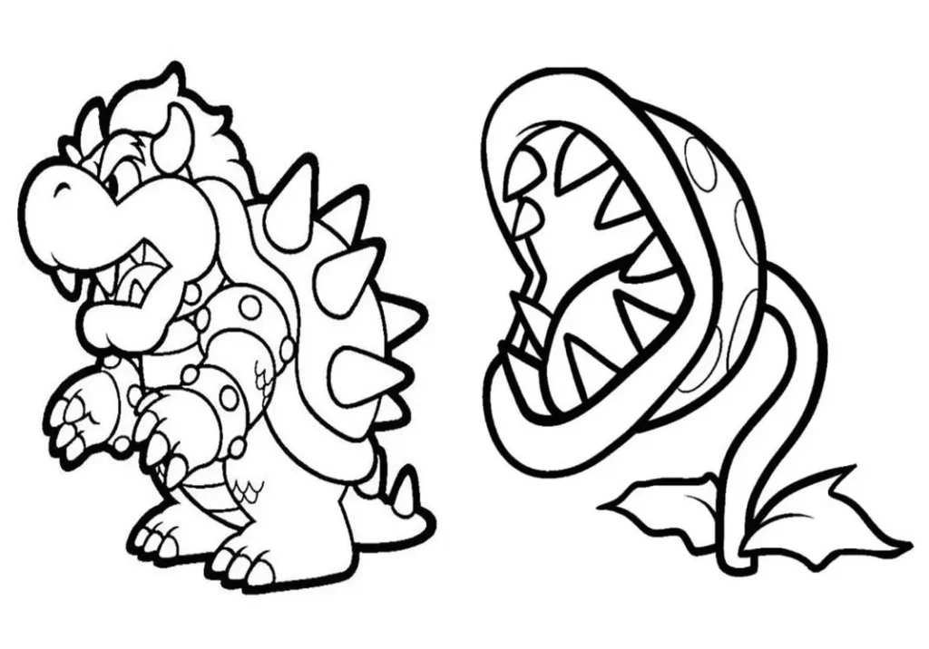 Desenho para colorir do Super Mario com Bowser e Planta Piranha