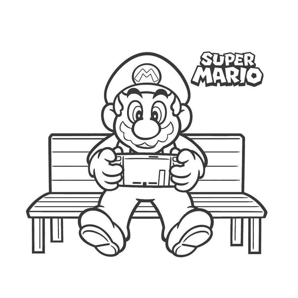 Super Mario para colorir: Mario sentado em um banco com dispositivo eletrônico.