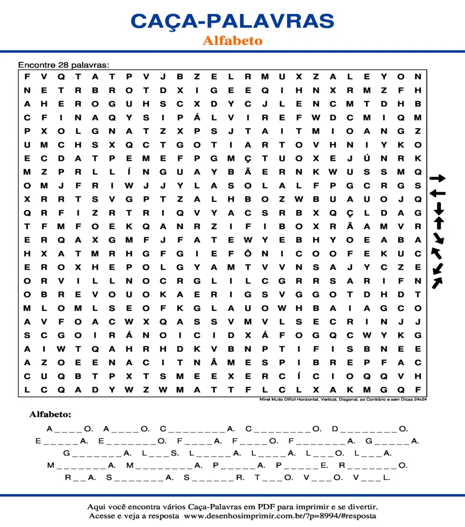 Alfabeto Nível Muito Difícil Horizontal, Vertical, Diagonal, ao Contrário e sem Dicas 24x24 caça palavras Caça Palavras do Alfabeto Nível Muito Difícil Horizontal, Vertical, Diagonal, ao Contrário e sem Dicas 24x24