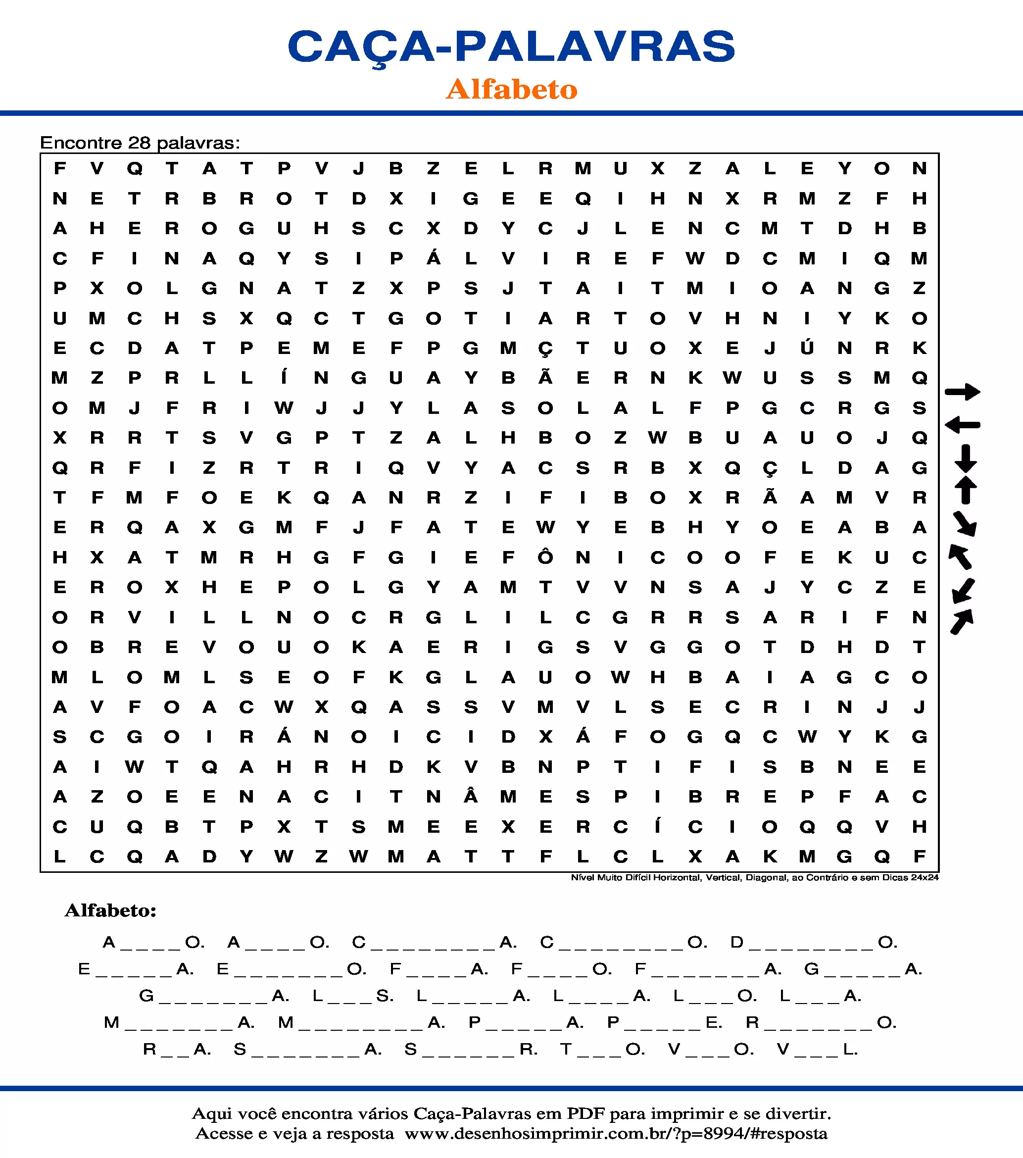 Caça Palavras Nível Muito Difícil Horizontal, Vertical, Diagonal, ao Contrário e sem Dicas 24x24