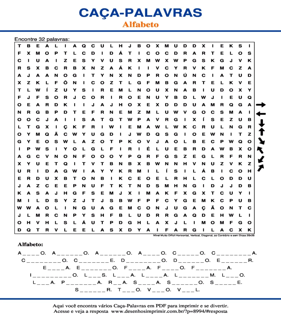 Alfabeto Nível Muito Difícil Horizontal, Vertical, Diagonal, ao Contrário e sem Dicas 26x26 caça palavras Caça Palavras do Alfabeto Nível Muito Difícil Horizontal, Vertical, Diagonal, ao Contrário e sem Dicas 26x26
