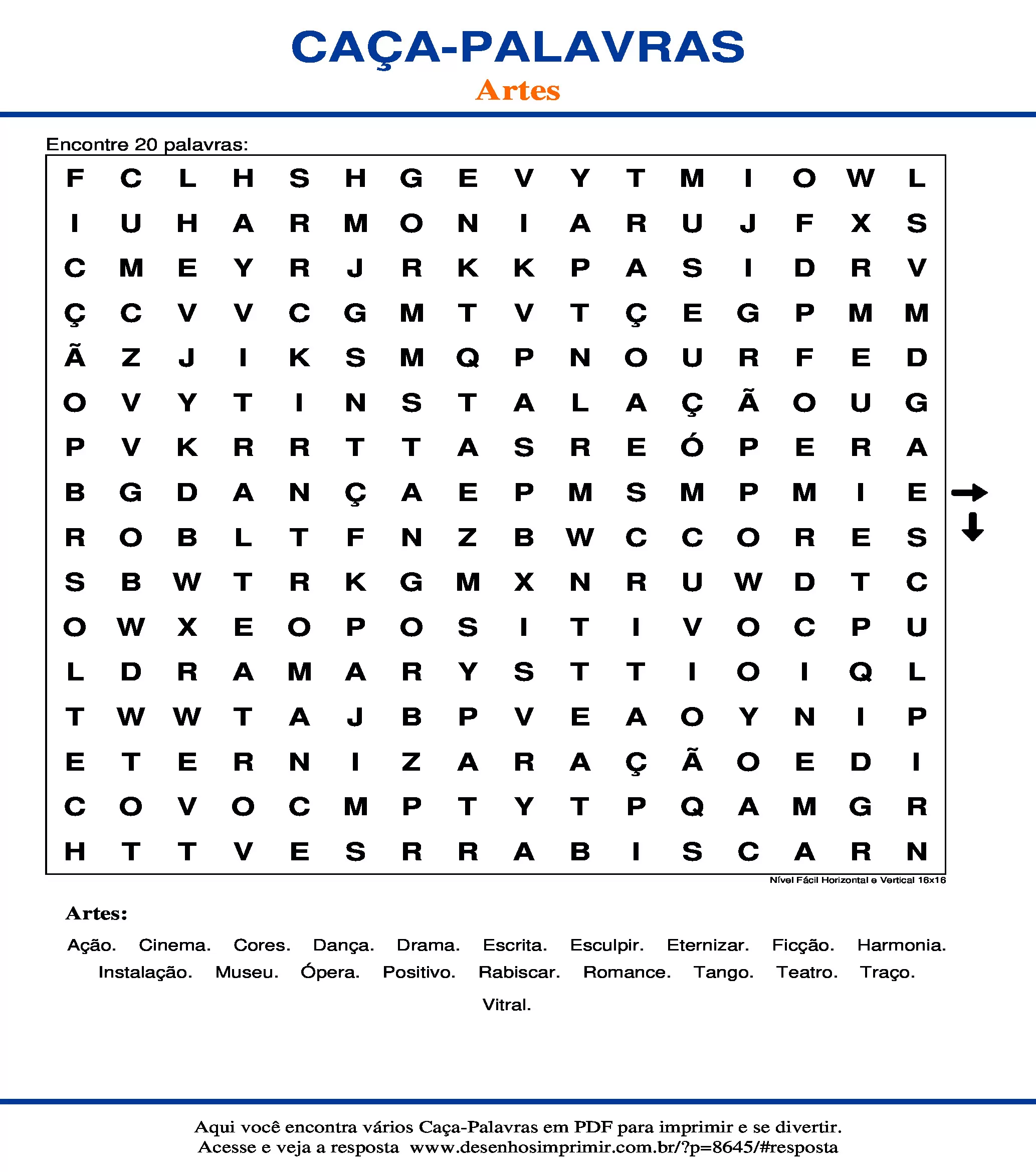 Caça Palavras Nível Fácil Horizontal e Vertical 16x16