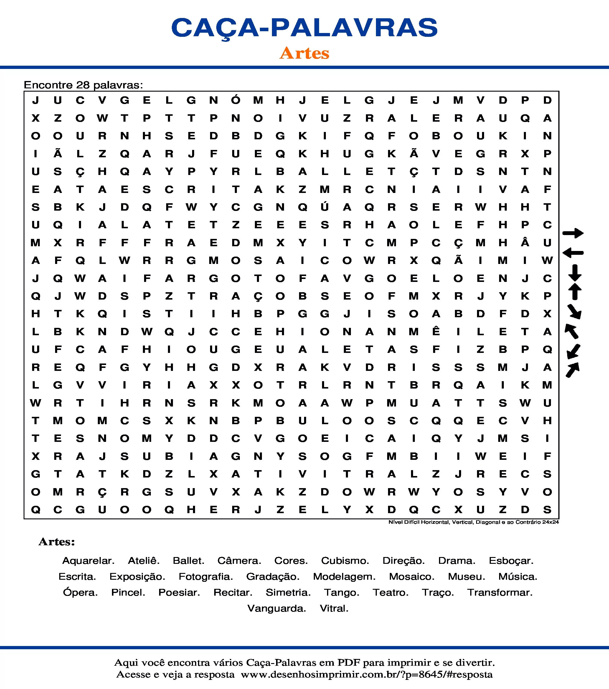 Caça Palavras Nível Difícil Horizontal, Vertical, Diagonal e ao Contrário 24x24