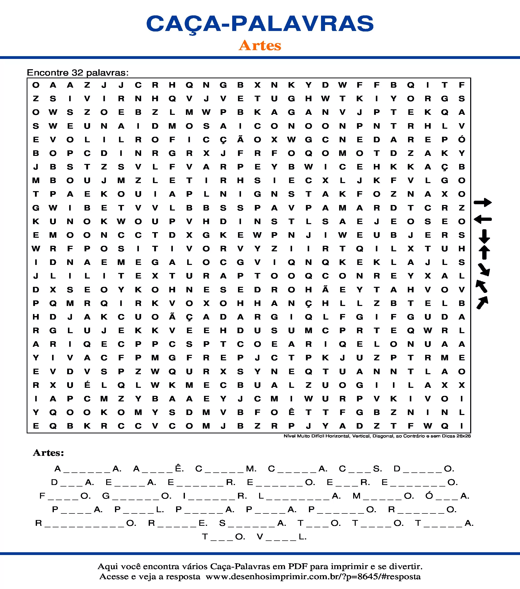 Caça Palavras Nível Muito Difícil Horizontal, Vertical, Diagonal, ao Contrário e sem Dicas 26x26