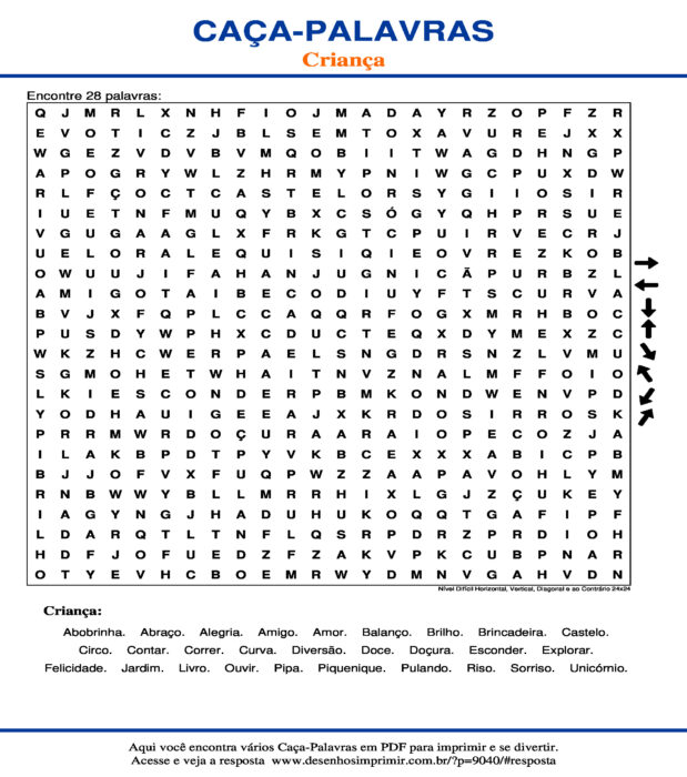 Caça Palavras Criança Nível Difícil Horizontal, Vertical, Diagonal e ao Contrário 24x24