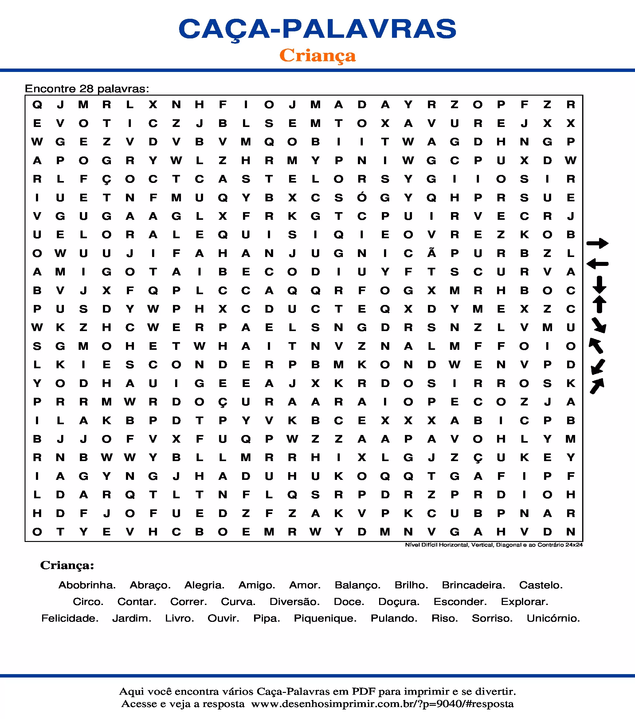 Caça Palavras Nível Difícil Horizontal, Vertical, Diagonal e ao Contrário 24x24